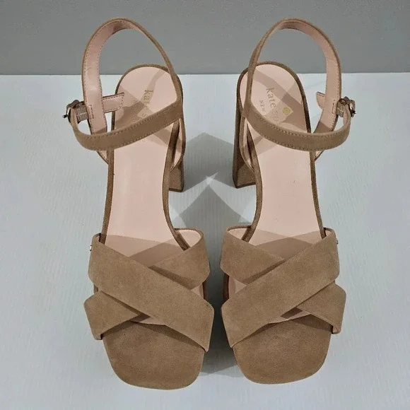 Kate Spade Delphi Platform Sandal Womens 10 Tan Suede Ankle Strap Block Heel - Picture 4 of 12